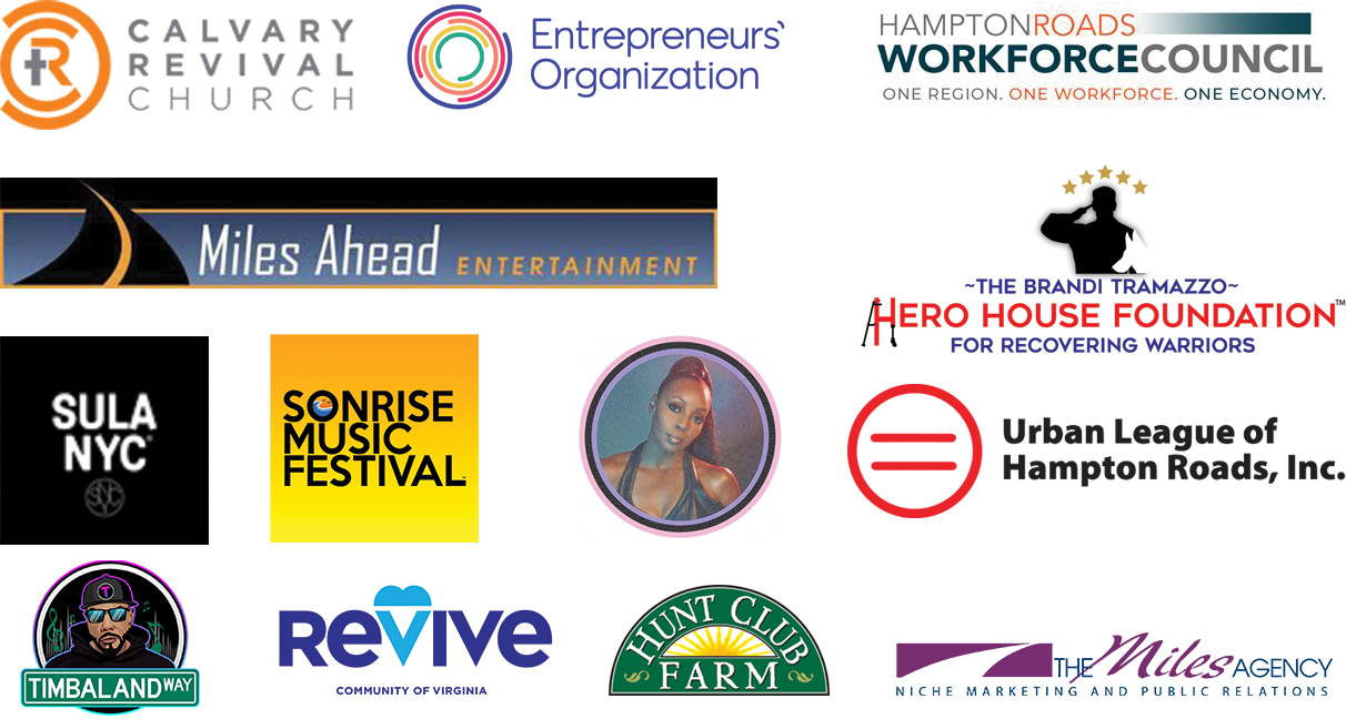 Logos of Visions Consulting Group clients including Calvary Revival Church, Entrepreneurs' Organization, Hampton Roads Workforce Council, Miles Ahead Entertainment, Hero House Foundation, SULA NYC, Sonrise Music Festival, Urban League of Hampton Roads, Timbaland Way, Revive Community of Virginia, Hunt Club Farm, and The Miles Agency